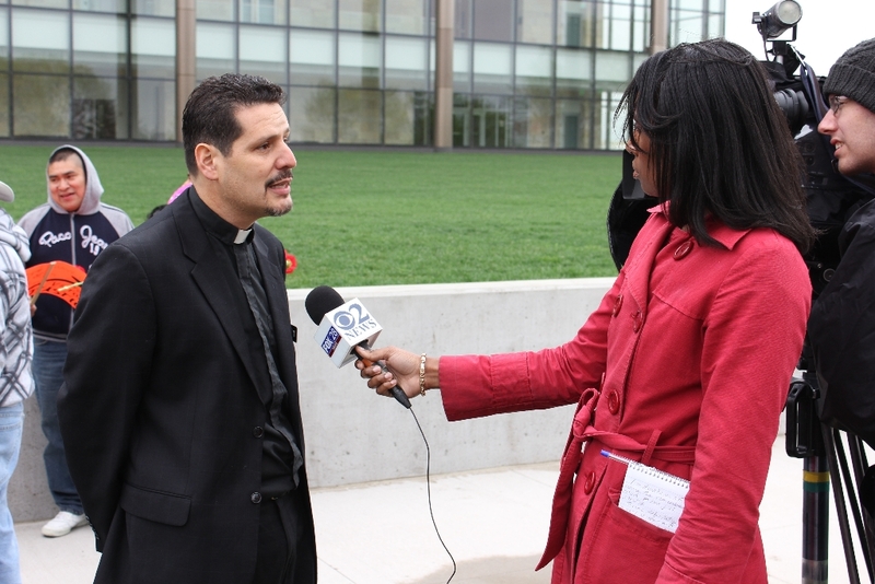 Pastor David Vasquez interviewed by FOX 28 news anchor Kim Wynne.JPG